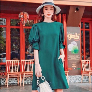 Đầm suông, váy dạo phố màu xanh lính tay nút bọc (kèm hình thật)