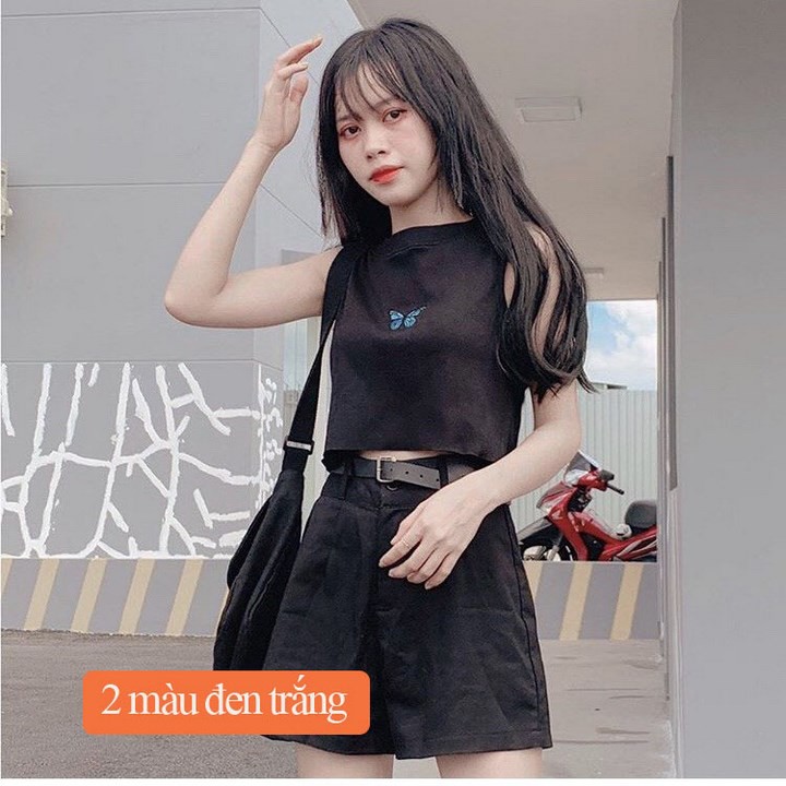 Áo thun Croptop ba lỗ thêu bướm