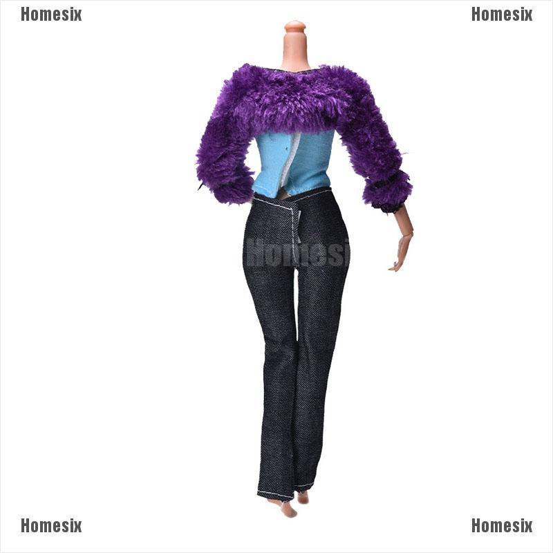 [HoMSI] 3 Pcs/Set Fur Coat Suit for Barbie Dolls Black Pants Fur Purple Coat Fashion Kid SUU