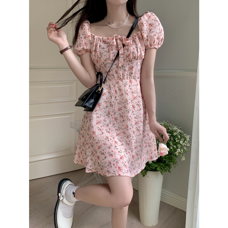 Đầm ngắn chữ A họa tiết hoa màu hồng eo cao cổ vuông phong cách Hàn Quốc thời trang mùa hè xinh xắn