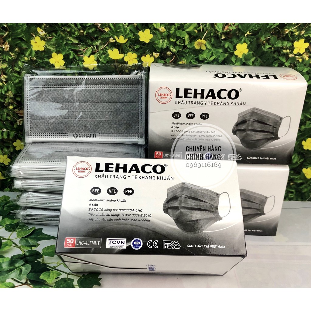 Khẩu Trang Kháng Khuẩn Màu XÁM Lehaco 4 lớp  50 cái/ hộp - Khẩu Trang y tế Lehaco Kháng Khuẩn