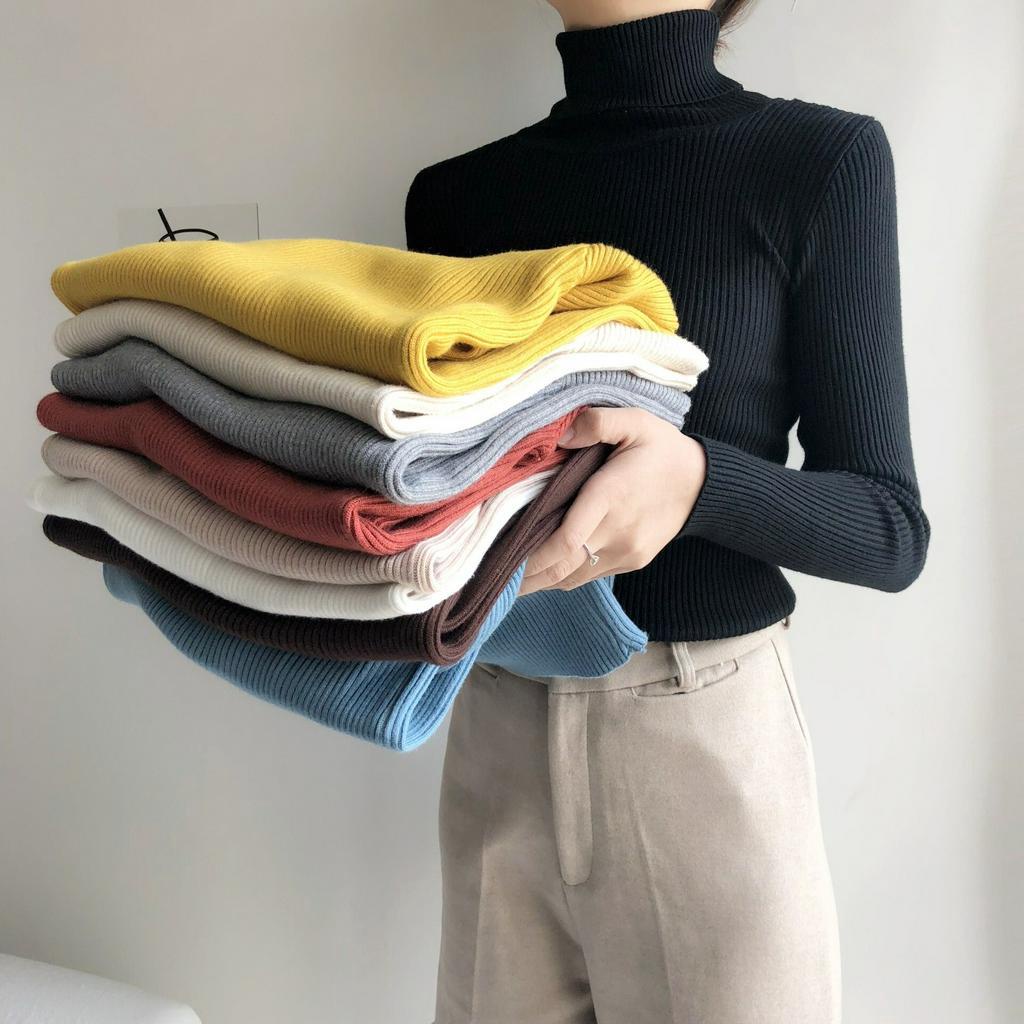 Áo dệt kim tay dài cổ lọ màu trơn thanh lịch