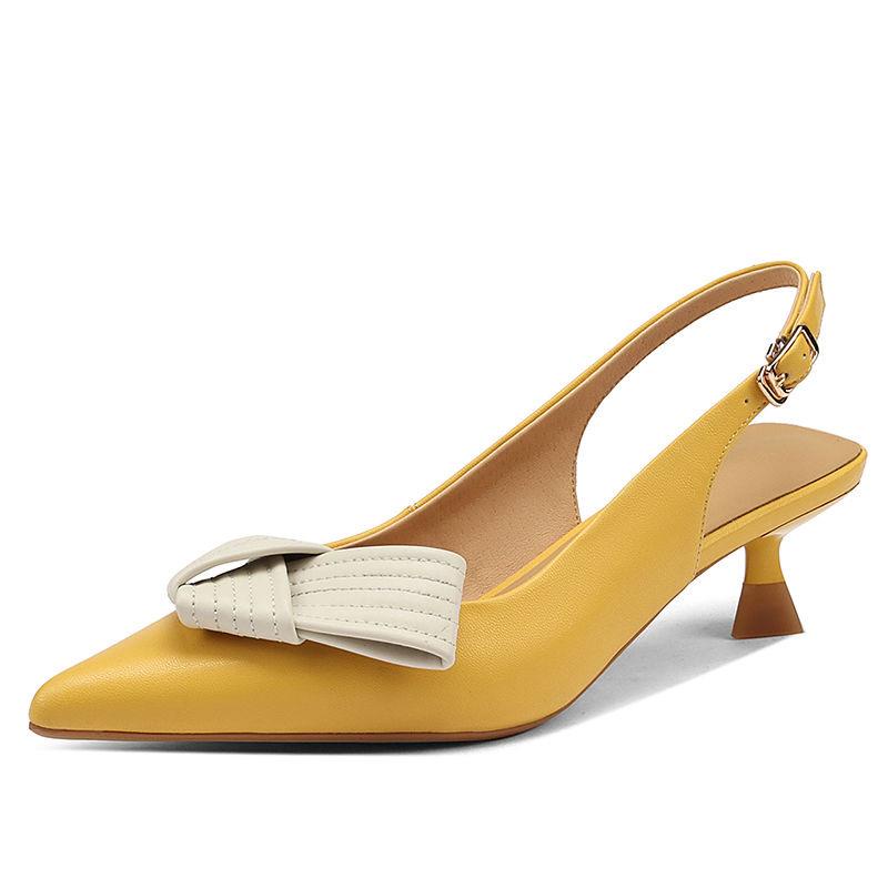 Xăng đan Da Mũi Nhọn Màu Vàng Đính Nơ Thời Trang Chính Hãng