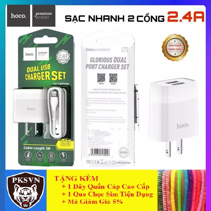 Bộ Củ Cáp Sạc Lightning Cho iPhone Hoco C73 - Bảo Hành Chính Hãng 12 Tháng