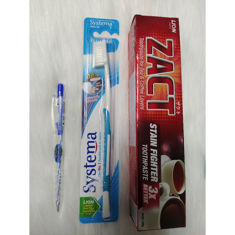 Combo 1 kem đánh răng Zact 190g và 1 bàn chải đánh răng Systema Regular nhập khẩu Thái Lan của tập đoàn Lion