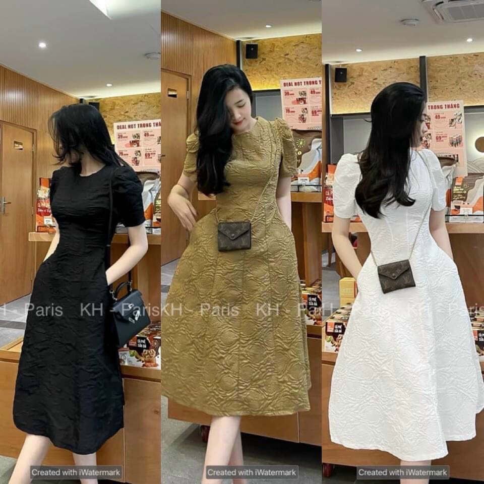 Váy xốp tay bồng dáng dài, Váy xốp dáng xòe cổ tròn - SHOP THƠM PHẠM