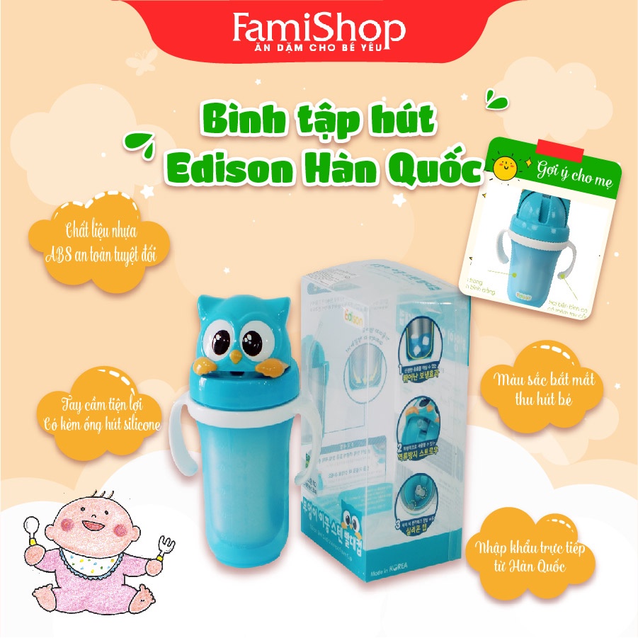 FamiShop Bình nước GIỮ NHIỆT ẤM có ống hút - hình cú mèo Edison, cung cấp nước ấm cho bé