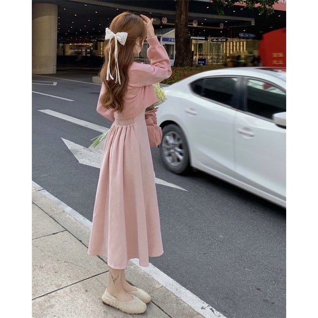 Aome - Set váy hai dây dài cùng áo len lửng 2 màu