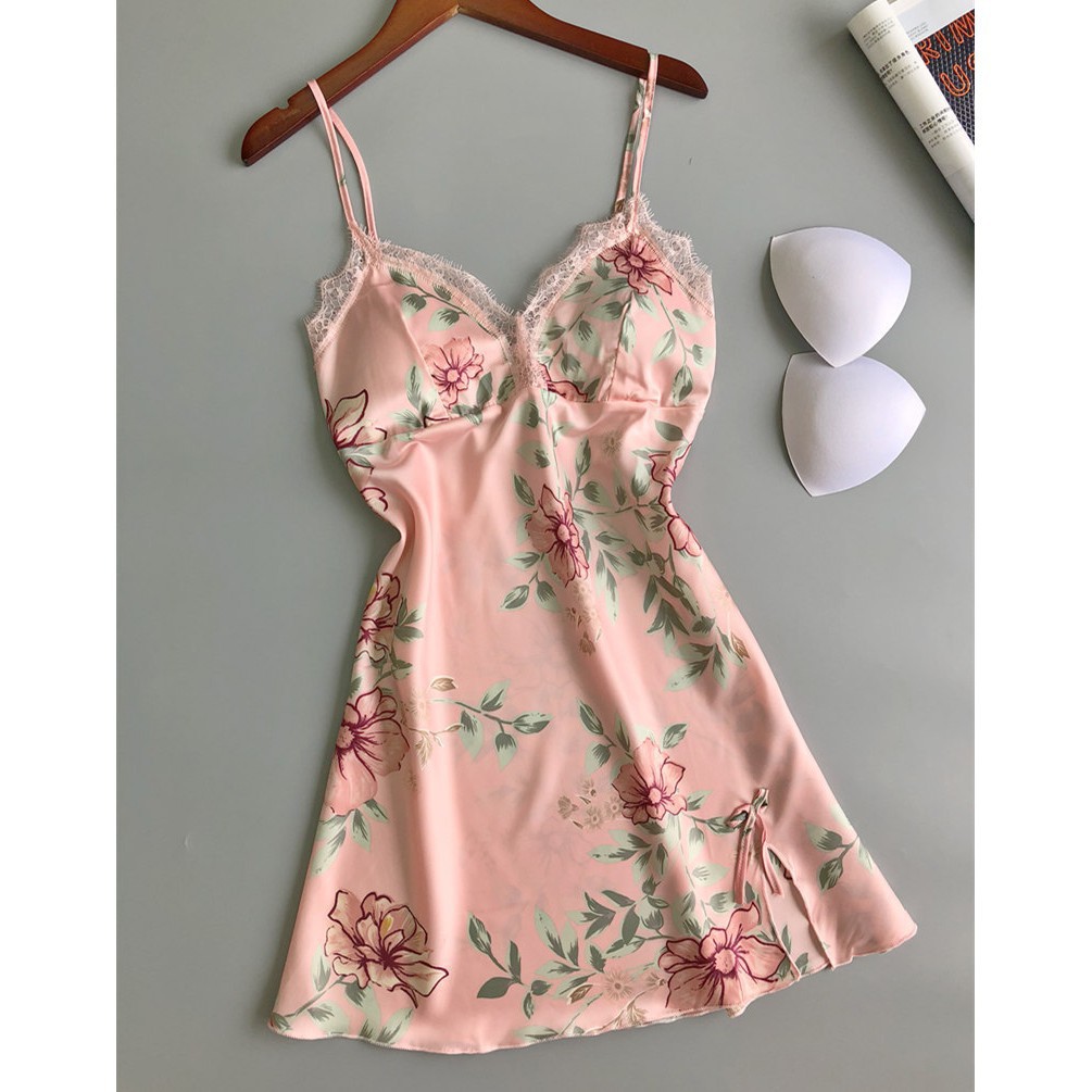 🔥FREESHIP 50k 🎁️T.Ặ.N.G lót ngực [BIGsize M/L/XL/2XL 42-70kg] Váy ngủ sexy hai dây lụa hoa hồng, ĐẦM NGỦ sexy lụa | BigBuy360 - bigbuy360.vn