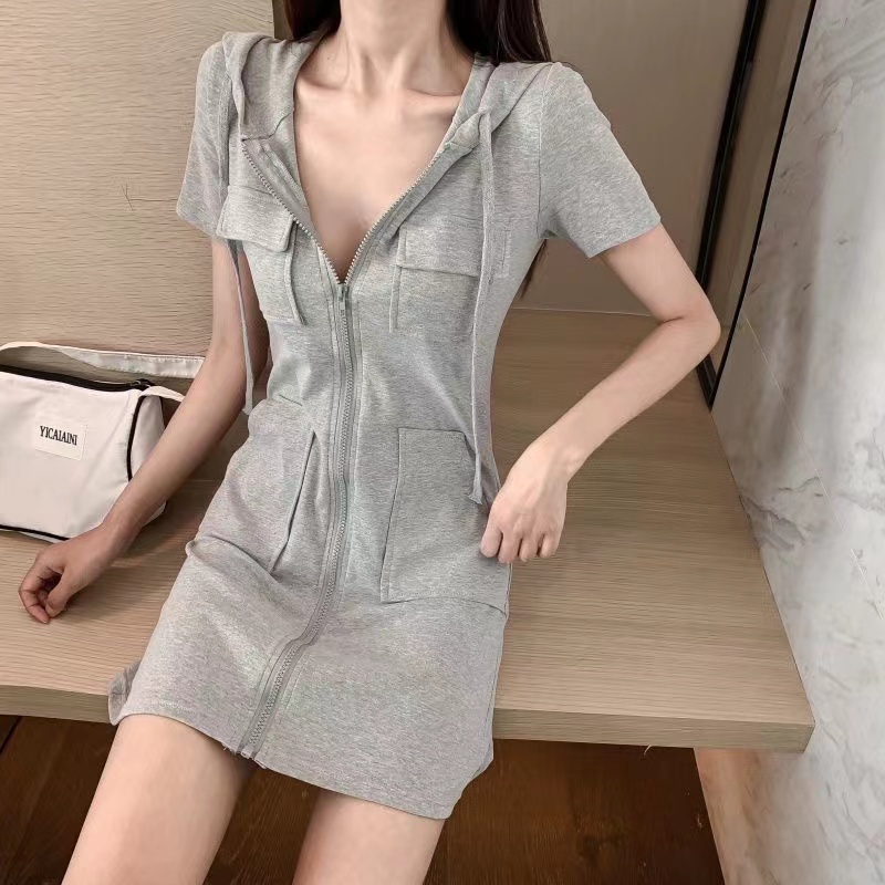 Đầm Nữ hoodie Dáng Ngắn Phối Khóa Kéo Phong Cách Hàn Quốc Thời Trang Cho váy WT-LYQ-30