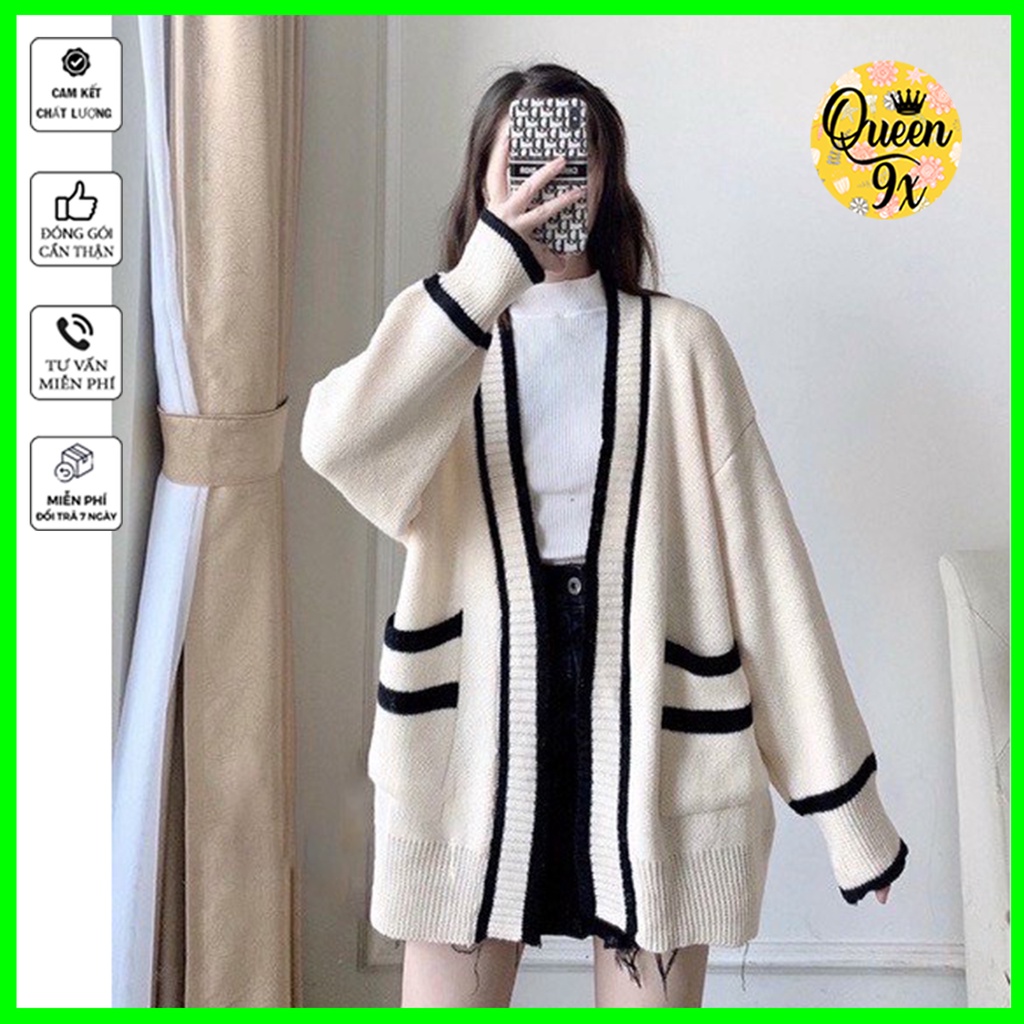 ÁO CARDIGAN, ÁO KHOÁC Nữ Form Rộng Viền Túi Đen Trắng Phong Cách Basic