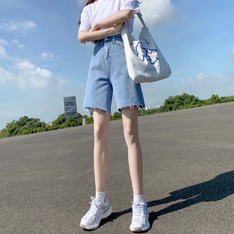 Quần short jean ống rộng Lylyshop, quần sooc đùi chất bò mềm mịn kiểu rách nhẹ
