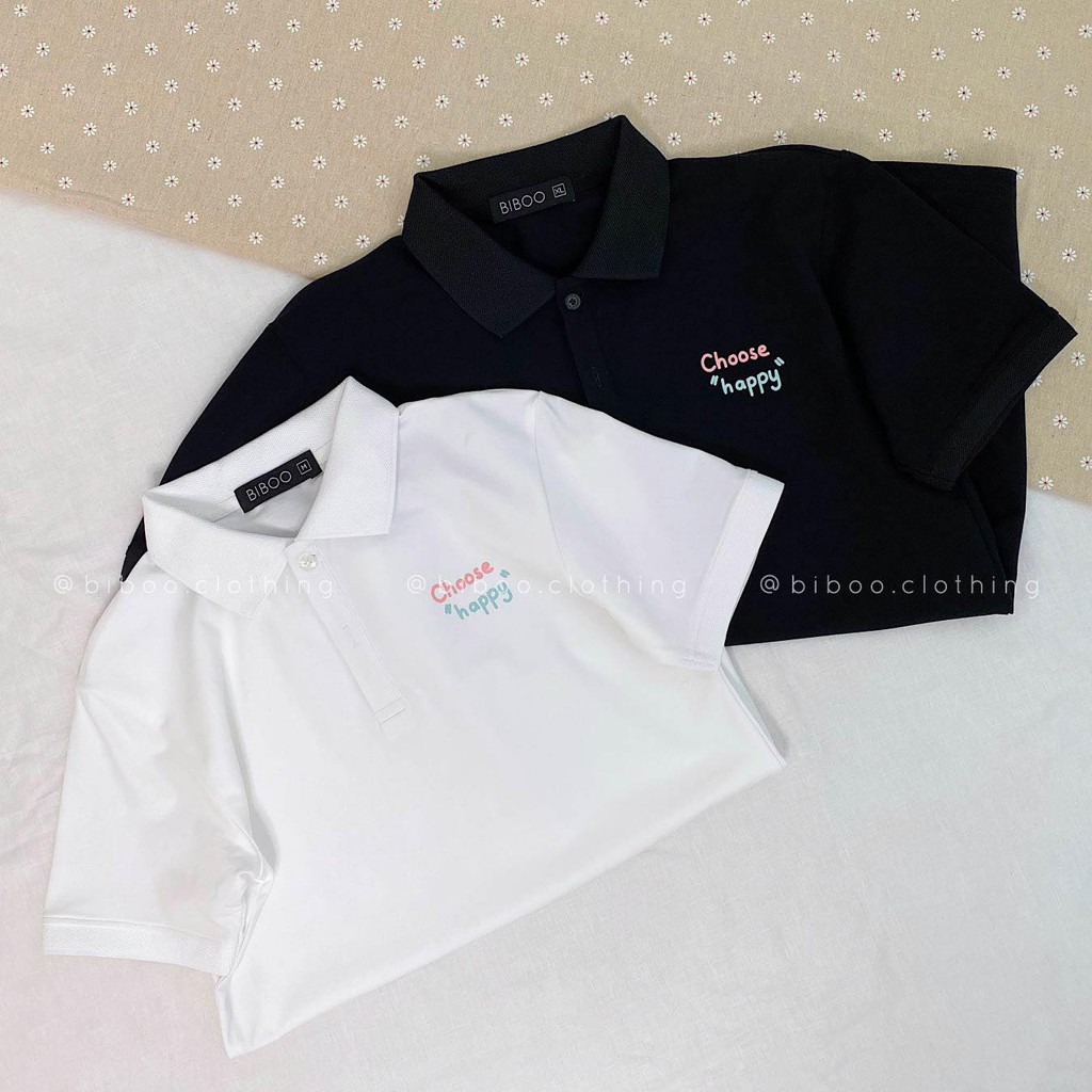 BIBOO - Áo polo có cổ tay ngắn form unisex nam nữ CHOOSE HAPPY chất liệu cotton cao cấp