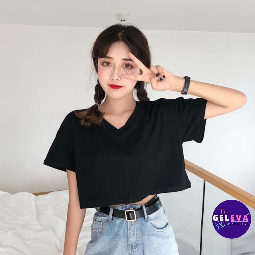 Áo croptop nữ thun tay ngắn form rộng kiểu ulzzang đẹp, áo phông nữ polo croptop crt crop top body đen trắng Geleva G54 | BigBuy360 - bigbuy360.vn