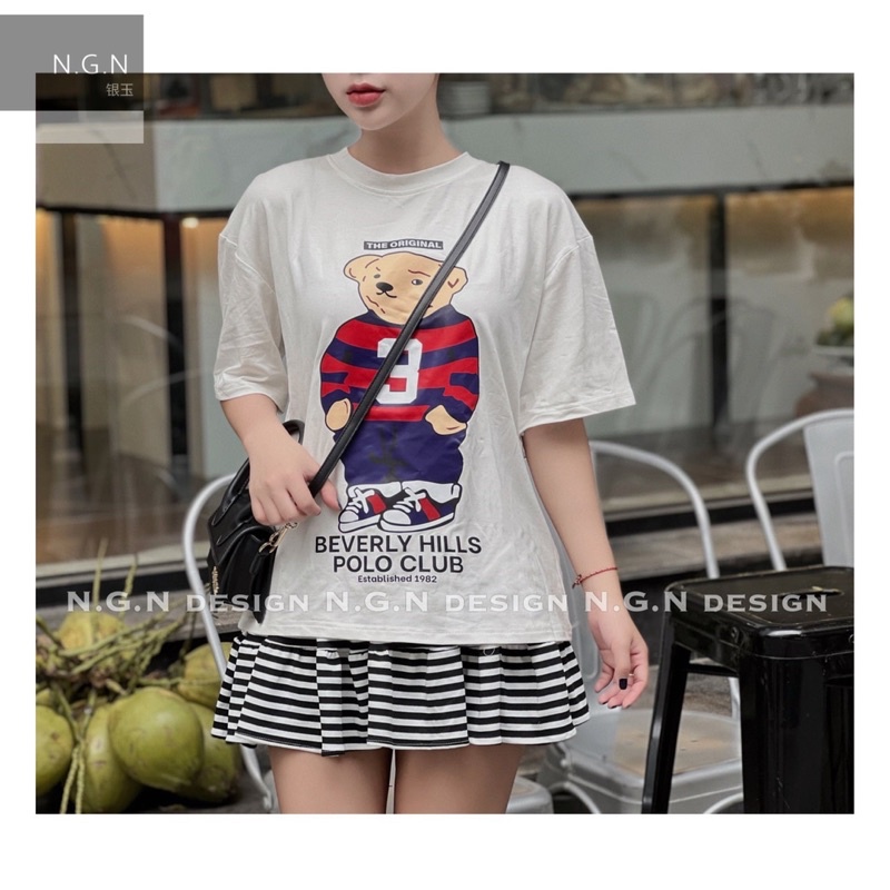 Sét áo phông gấu teddy + chân váy kẻ
