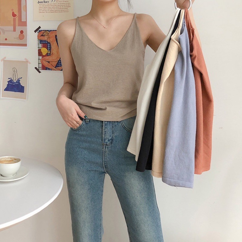 MS093 Áo 2 dây cổ tim len lông cừu siêu mềm