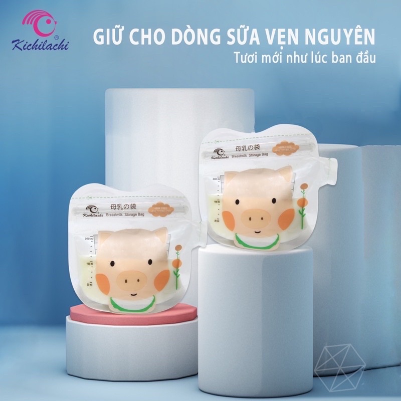 Túi trữ sữa 200ml KICHILACHI cảm biến nhiệt, túi đựng sữa có vòi tiện lợi hình chú heo