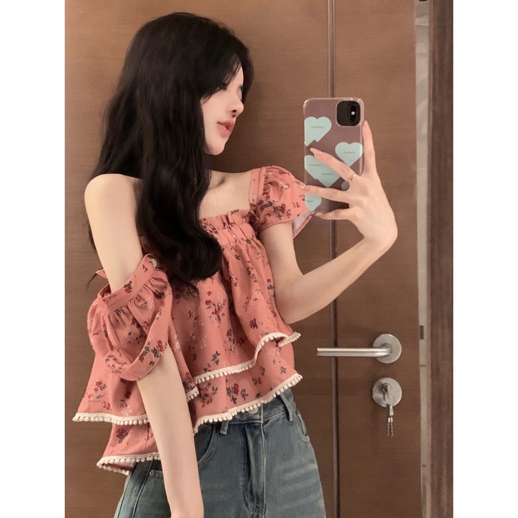 Áo Kiểu Trễ Vai Cổ Vuông In Họa Tiết Hoa Xinh Xắn Thời Trang Mùa Hè Cho Nữ