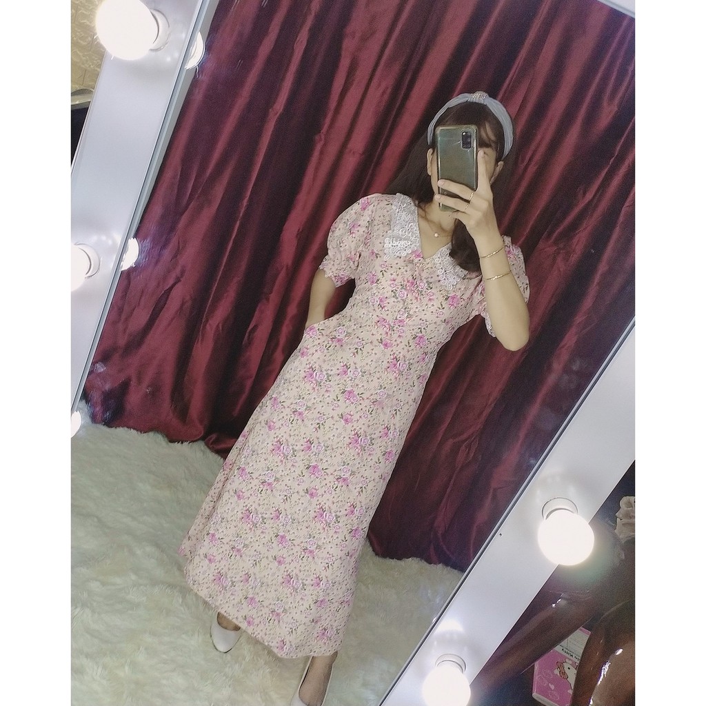 Đầm hoa nhí, cổ lá ren (màu hồng kem))