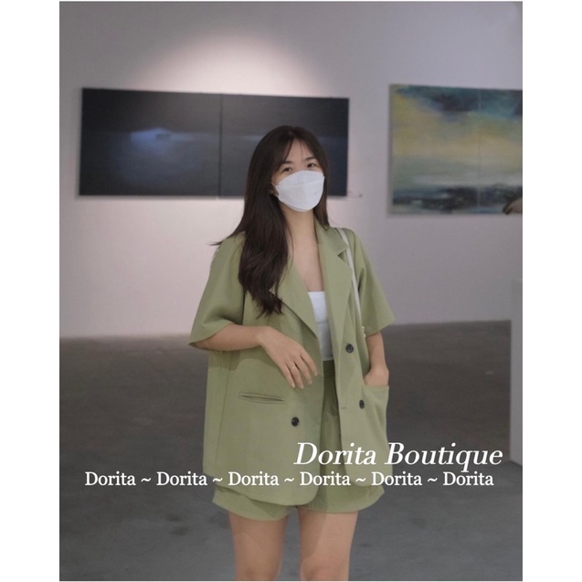 Set áo vest trơn basic cộc tay kèm quần short form oversize, Set áo Blazer kèm quần short Hàn Quốc