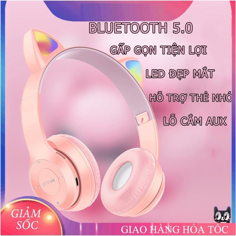 Tai Nghe Bluetooth Tai Mèo P47M Có Đèn LED RGB/Headphone