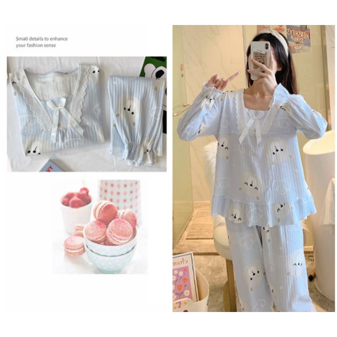Bộ pijama dài tay tiểu thư phối ren sang trong, cotton tăm Nogin - BT05