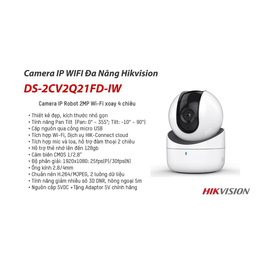 Camera Wifi 2MP 1080P Hikvision DS-2CV2Q21FD-IW  Đàm Thoại Trong Nhà  IP Hik Q21 2M - Hàng Chính Hãng