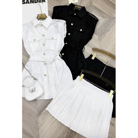 SET ÁO VEST SÁT NÁCH NÚT + CHÂN VÁY XẾP LY 2M