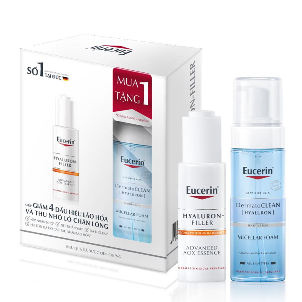 Set Eucerin Cấp Ẩm (Tinh Chất Hyaluron-Filler 30ml Tặng Bọt Tẩy Trang Dermatoclean 150ml)