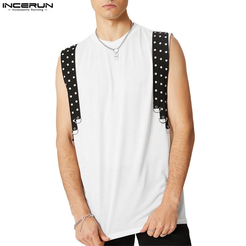 Áo thun ba lỗ INCERUN cổ tròn phối nút kim loại thời trang dành cho nam