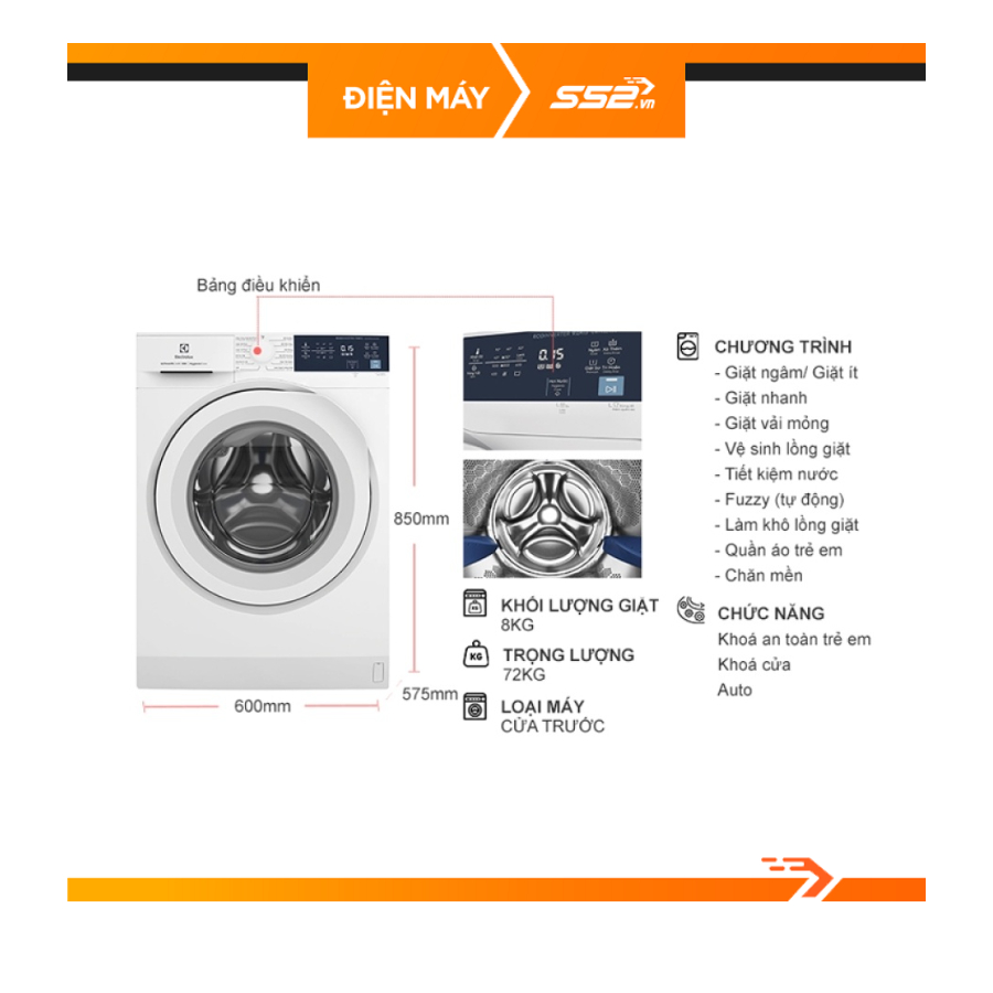 Máy giặt Electrolux Inverter 8 kg EWF8024D3WB - Hàng Chính Hãng