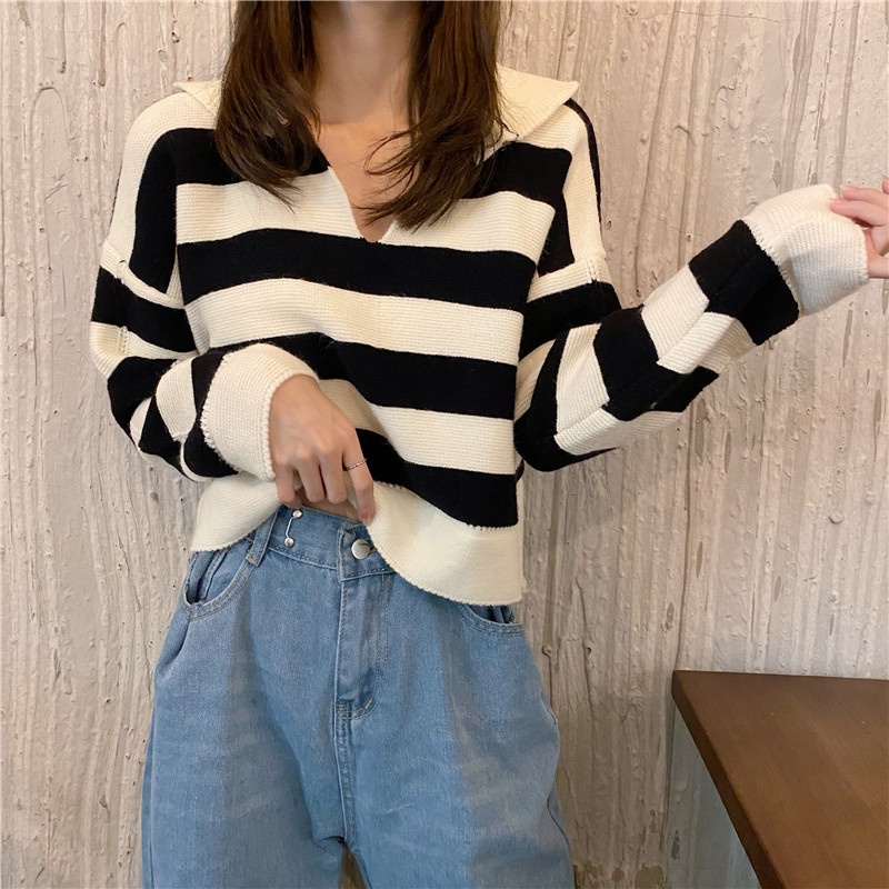 Áo sweater dệt kim Perty hoạ tiết kẻ sọc phong cách retro Hàn Quốc thời trang thu đông cho nữ
