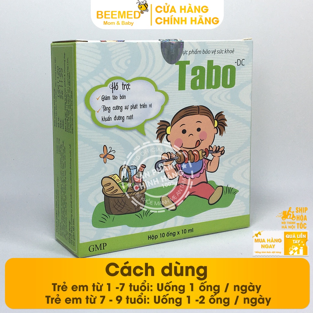 Siro Tabo giảm táo bón cho bé - hộp 10 ống tiện lợi từ chất xơ hòa tan FOS, tiêu hóa tốt, giảm biếng ăn cho trẻ