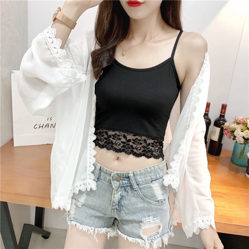 Áo Croptop Hai Dây Phối Ren Màu Trắng / Đen Thời Trang Quyến Rũ Cho Nữ