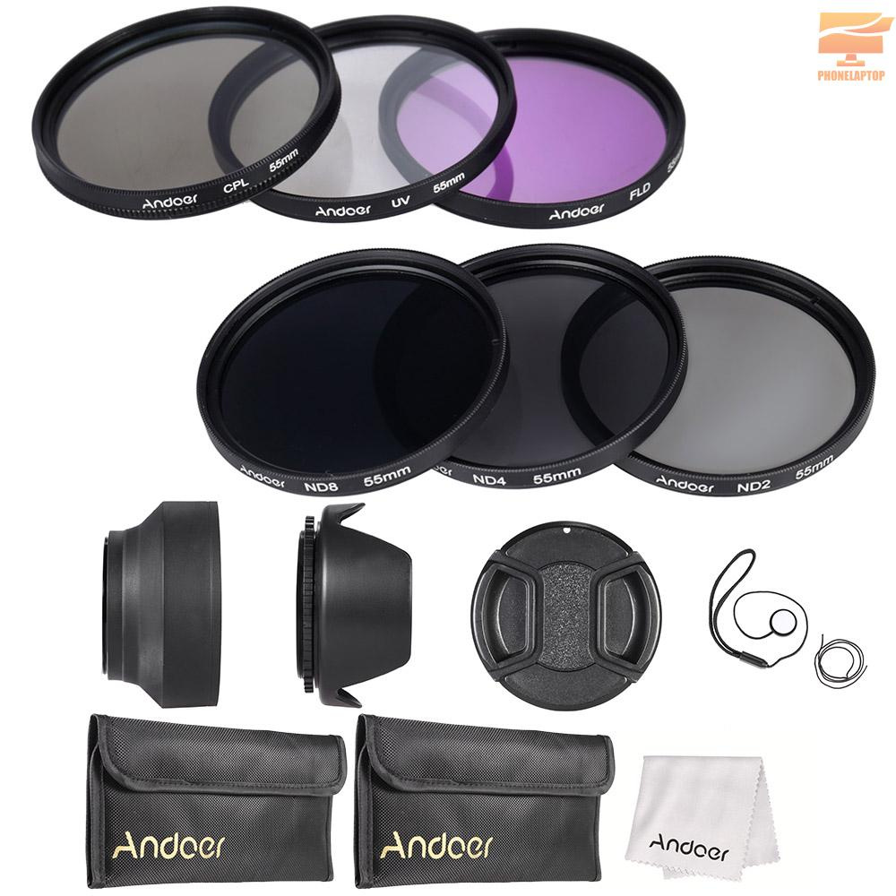 Lapt Andoer 55mm Lens Filter Kit UV+CPL+FLD+ND(ND2 ND4 ND8) with Carry Pouch / Lens Cap / Lens Cap Holder / Tulip & Rubber Lens Hoods / Cleaning Cloth