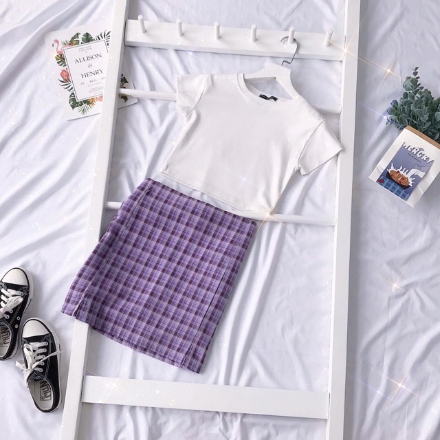 Set Chân Váy Caro Xẻ_CropTop Body Basic Ảnh Thật 100%