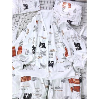 Áo Khoác Nỉ Chữ Sweater Dáng Rộng Nam Nữ Uzzlang Tay Bồng Tờ Báo