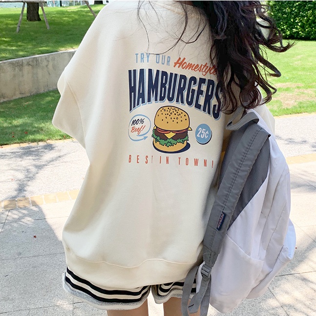 Porozi  Áo sweater tay dài dáng rộng in hình burger kiểu Hàn Quốc xinh xắn cho nữ