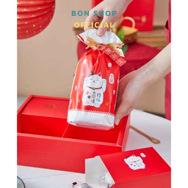 Set Hộp và Túi nắp trong mẫu Mèo Thần Tài đựng Bánh Trung Thu, Quà Tết, Bánh Kẹo, Mứt Handmade