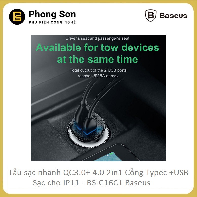 Tẩu sạc trên ô tô Baseus 2 cổng (USB +Type) sạc nhanh Q.C 4.0 30W cho điện thoại, Iphone 11 Pro Max - Bảo hành 12 Tháng