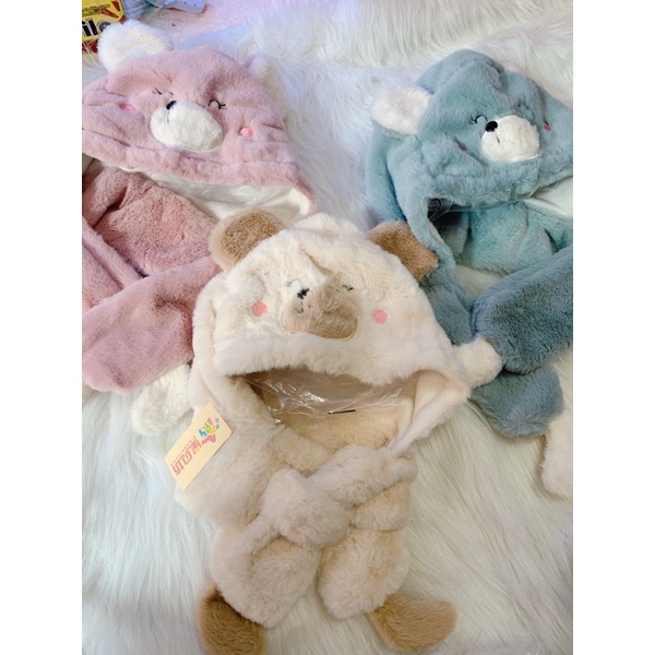 Sét mũ liền khăn tai gấu  cho bé gái