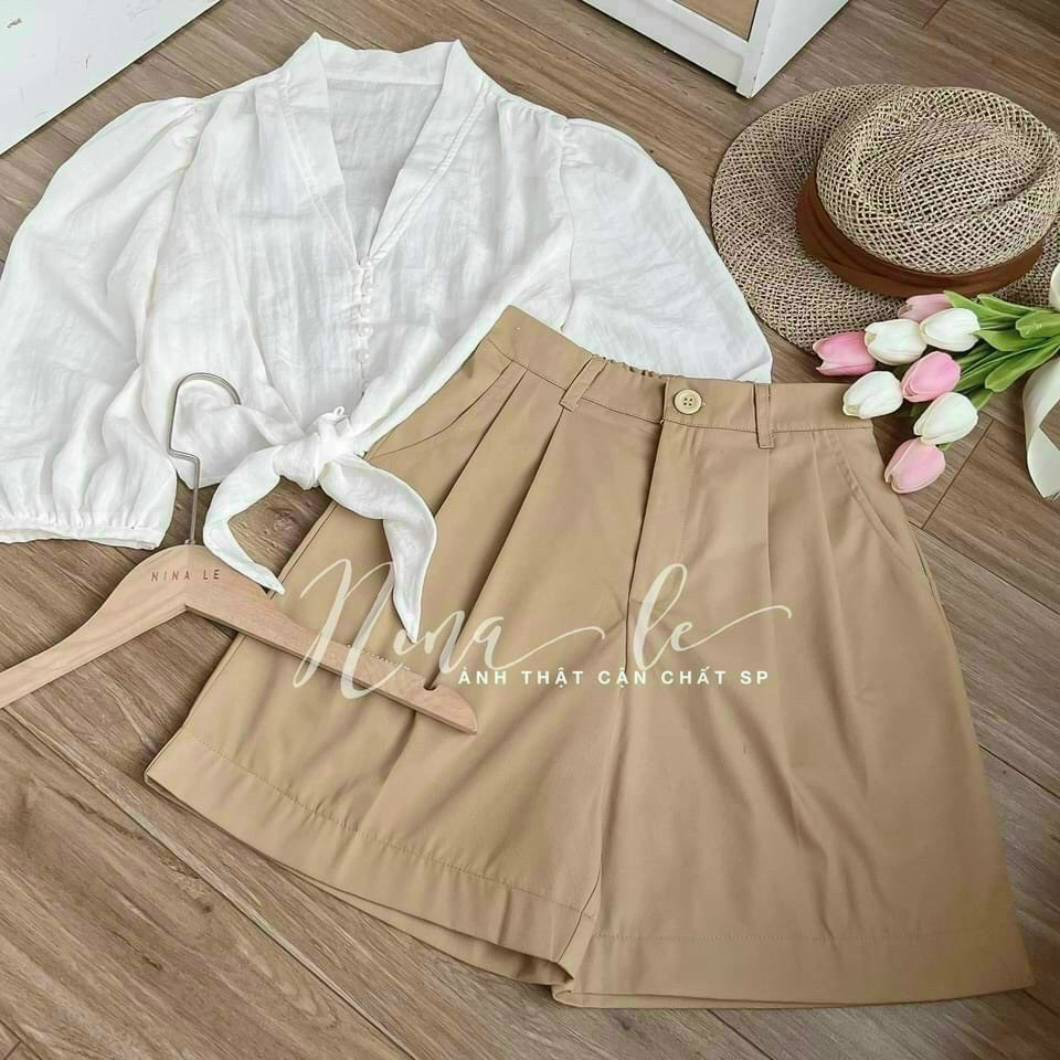[8.8 Sales Freeship] Set bộ áo sơ mi trắng cổ v tay phồng cột dây + quần short đùi nâu cá tính, trẻ trung