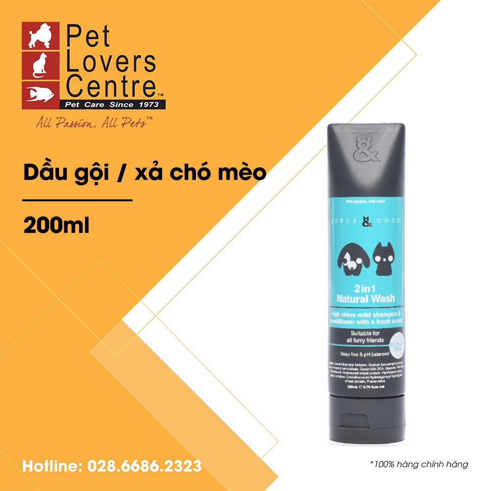 [xuất xứ Úc] Dầu gội / xả 2 trong 1chó mèo RUFUS &amp; COCO  2IN1 NATURAL WASH SHAMPOO 200ml (6.76oz)