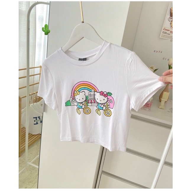 Áo croptop trắng in 2 chú mèo PCM