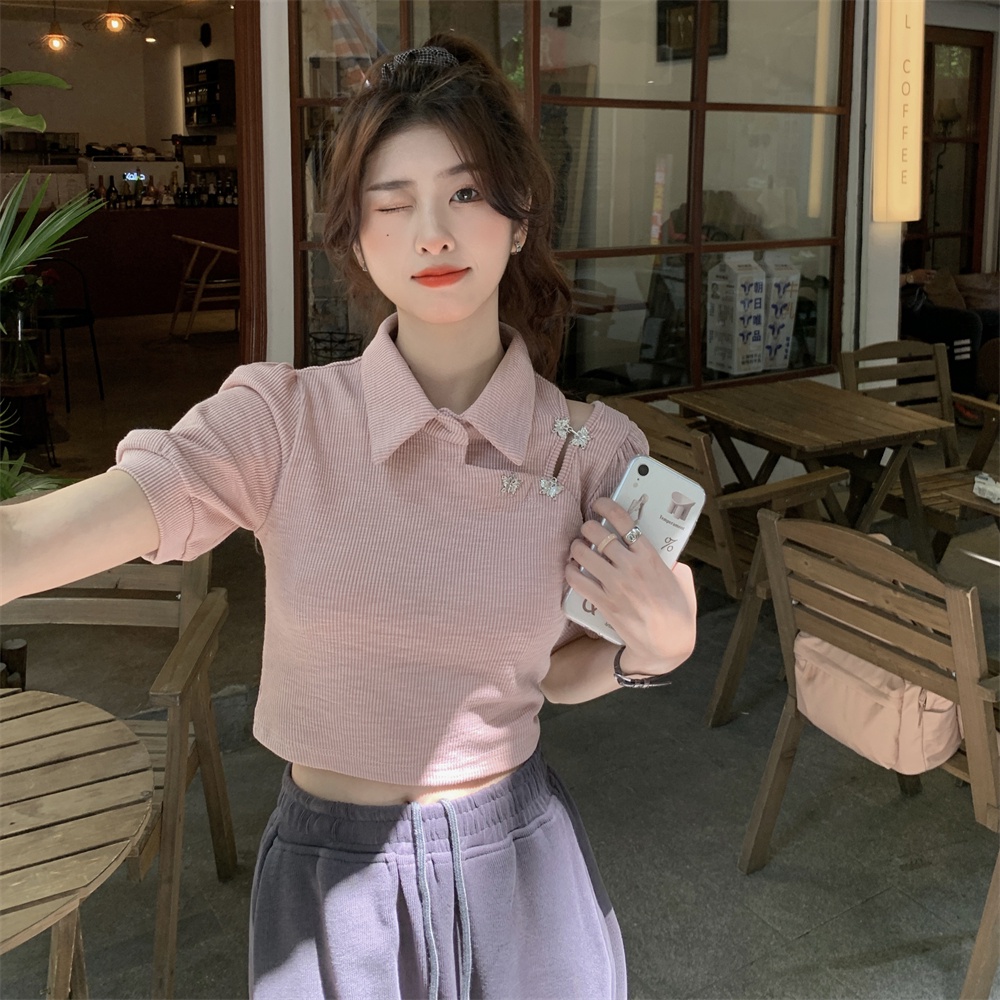 QOEDDV Áo polo Dệt Kim Tay Ngắn Hở Vai Dáng Ôm Phong Cách Hàn Quốc Thời Trang Cho Nữ