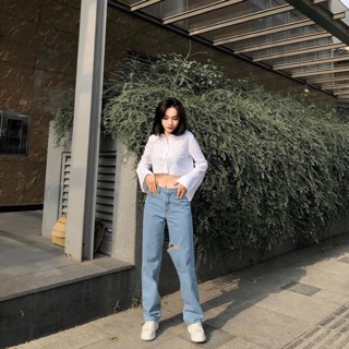 Quần Jean Suông Rách Đùi Rocky Denim