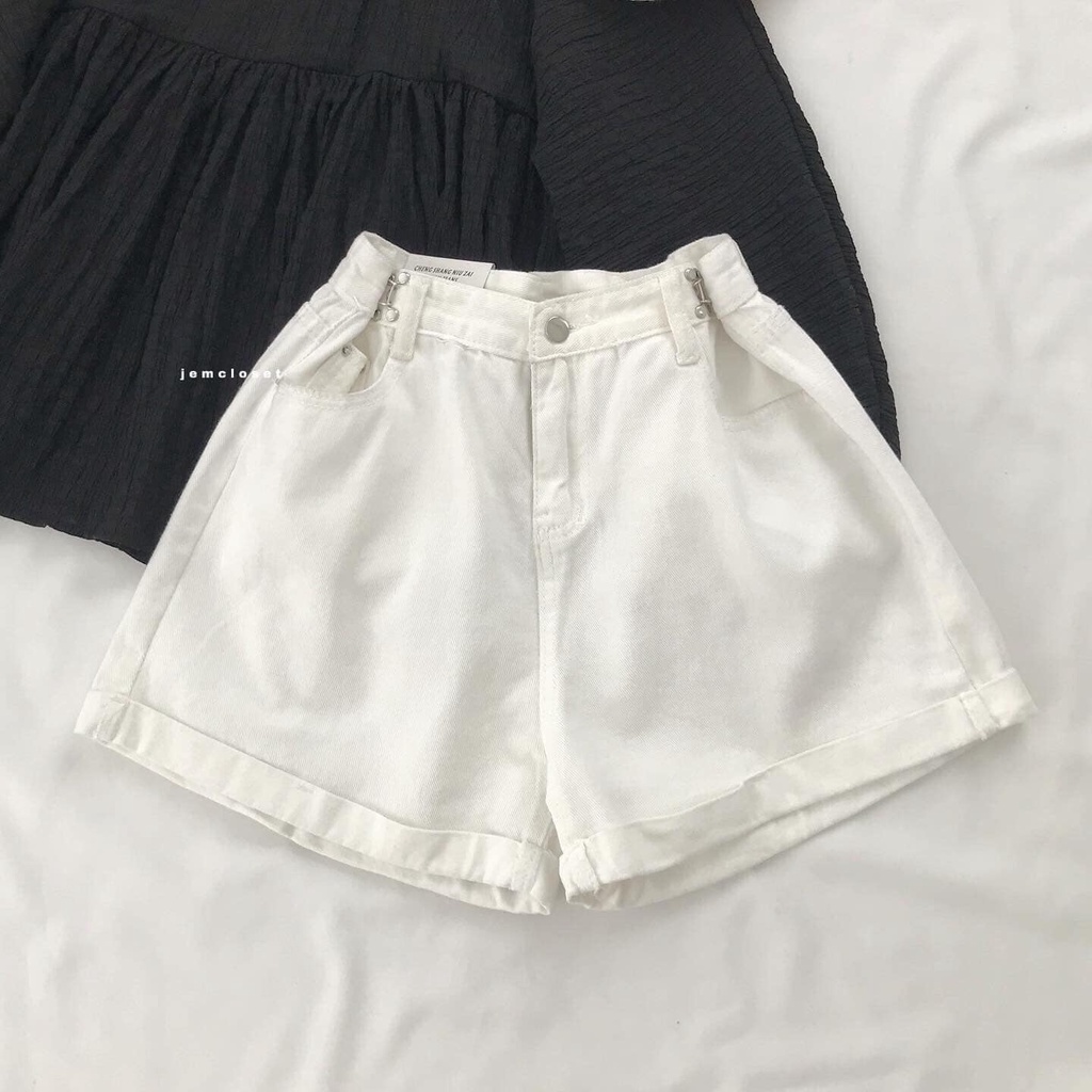 Quần Short Jean Nữ JEM CLOSET Thiết Kế Basic Quần Đùi Nữ Ống Rộng COSON Có Móc Cài Chỉnh Eo Lên Form Siêu Tôn Dáng 2768