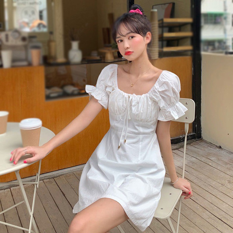 Đầm Nữ Ngắn Tay Cổ Vuông Thời Trang Hàn
