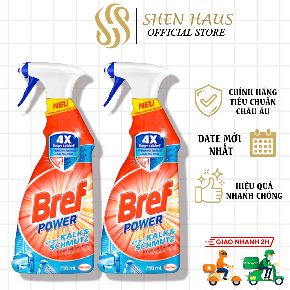 Chai Xịt Vệ Sinh Tẩy Cặn Canxi Inox, Vòi Sen, Vách Kính Bref Power 750ml - Hàng Chính Hãng