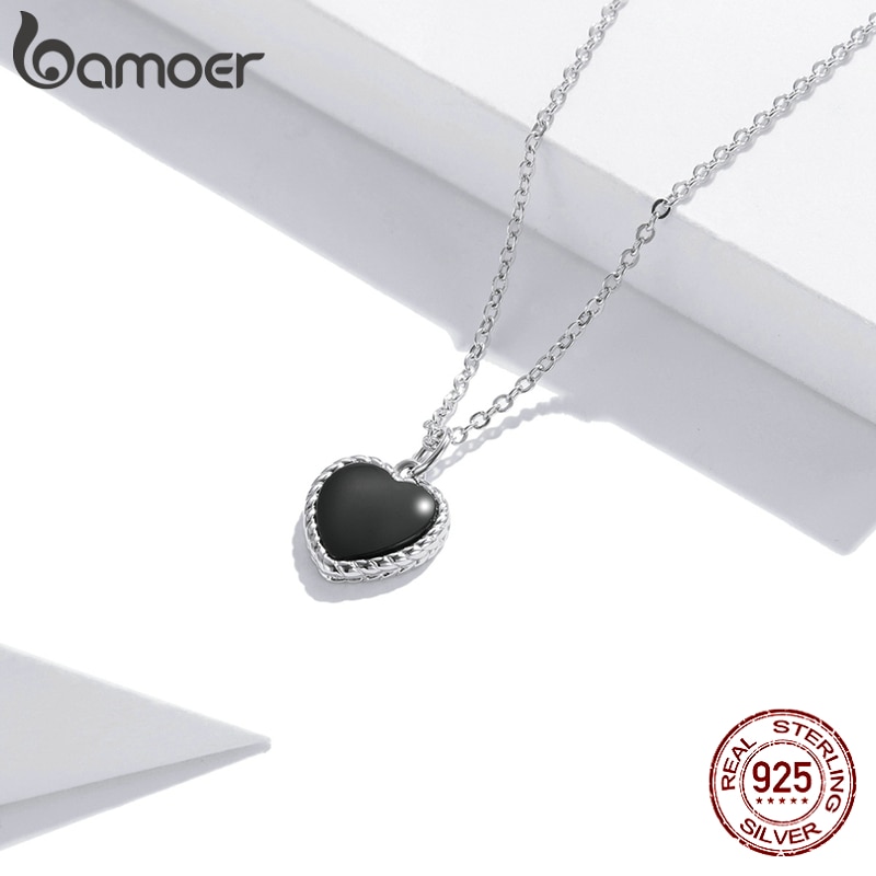 bamoer Real 925 Sterling Silver Black Heart Love Pendant Vintage Necklace Women Statement Collares Jewelry Gift Noble SCN443